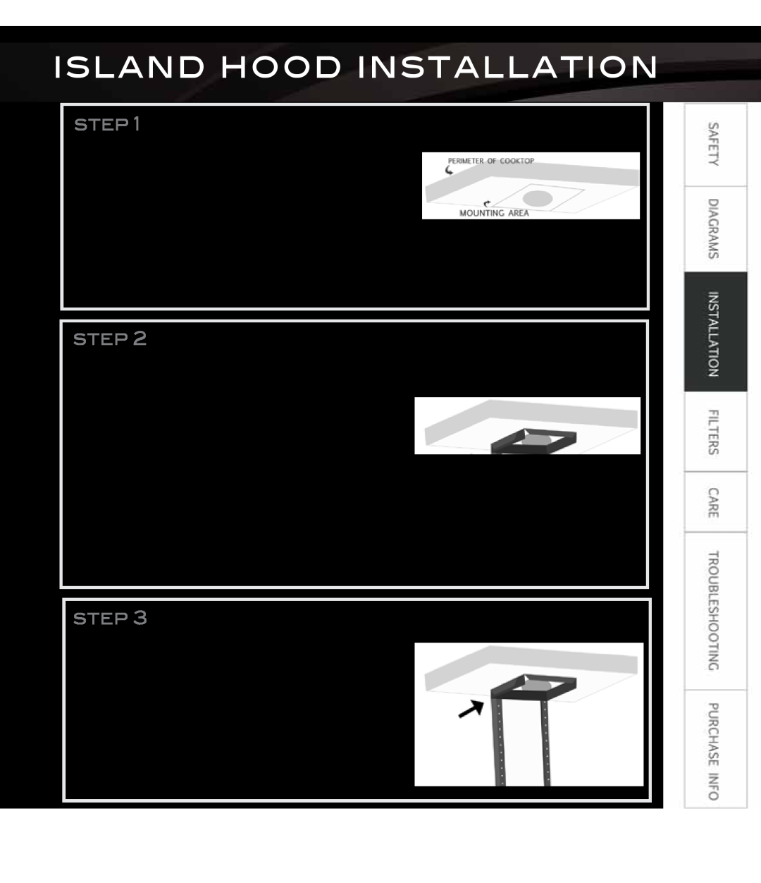 Proline PLZWKL2, PLZWKF, PLZW697 Island Hood Installation, Mark ceiling, Install support brackets, Install ceiling bracket 