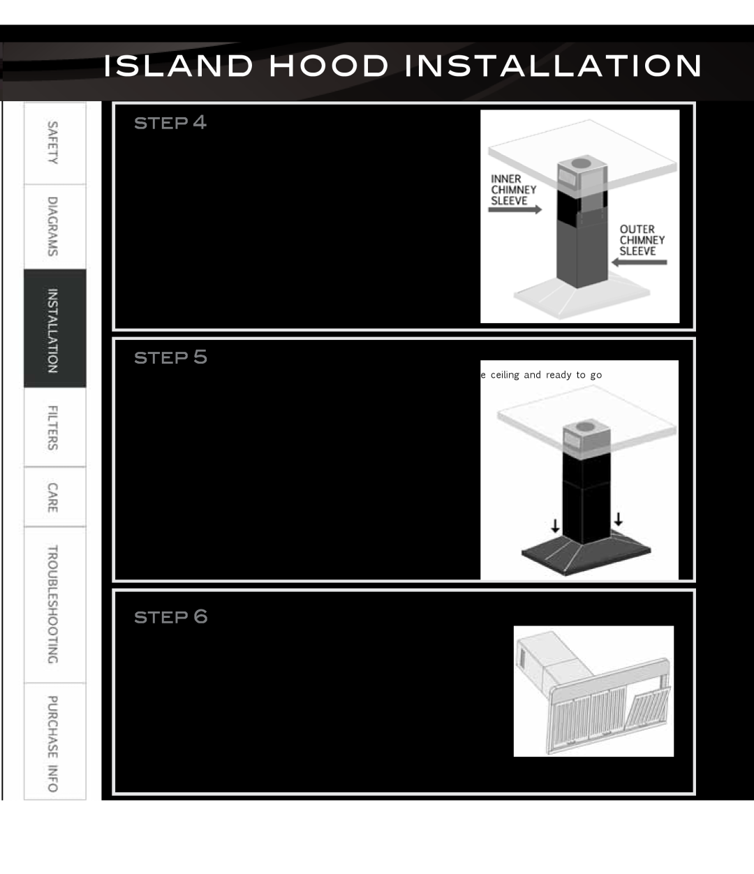 Proline PLZWKF, PLZWKL2, PLZW697, PLZWKE, PLZIGS2 Install Chimney, Attach Hood, Install Filters, Island Hood Installation 