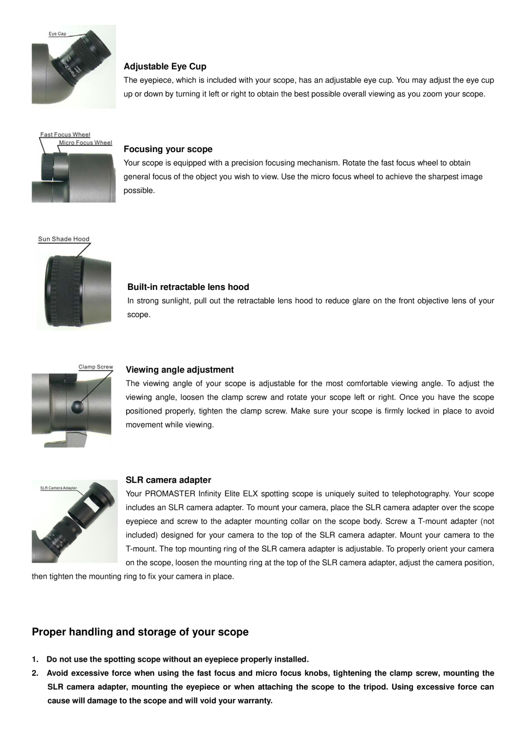 ProMaster 15-45X65 manual Proper handling and storage of your scope 