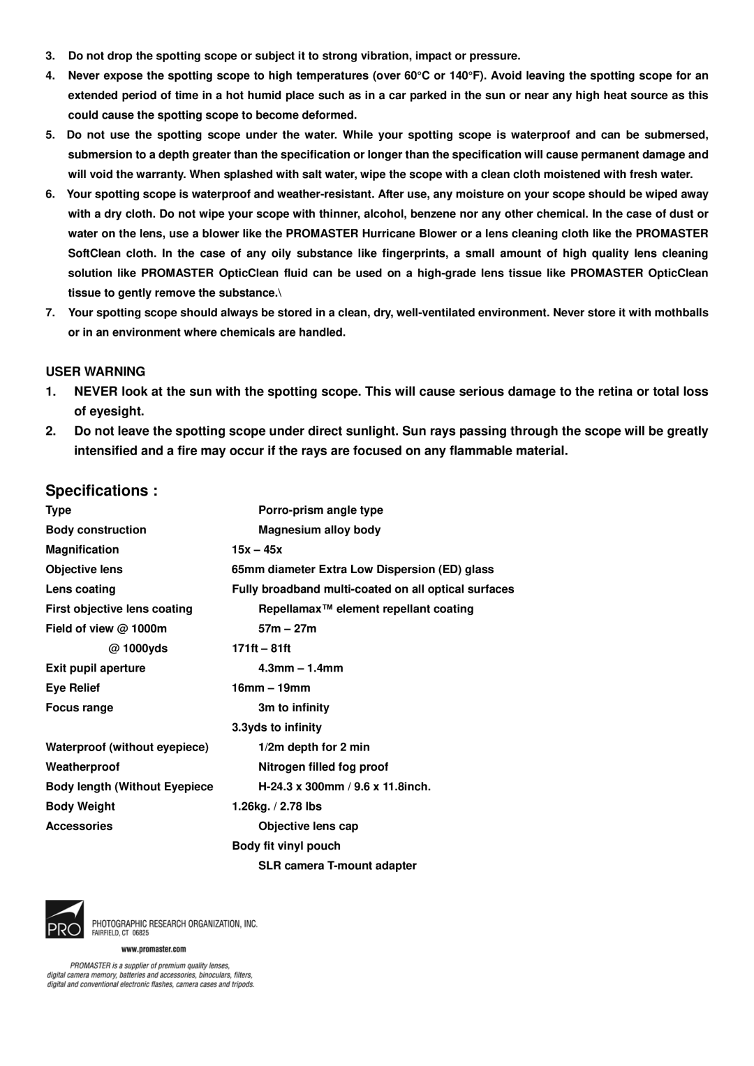 ProMaster 15-45X65 manual Specifications, User Warning 