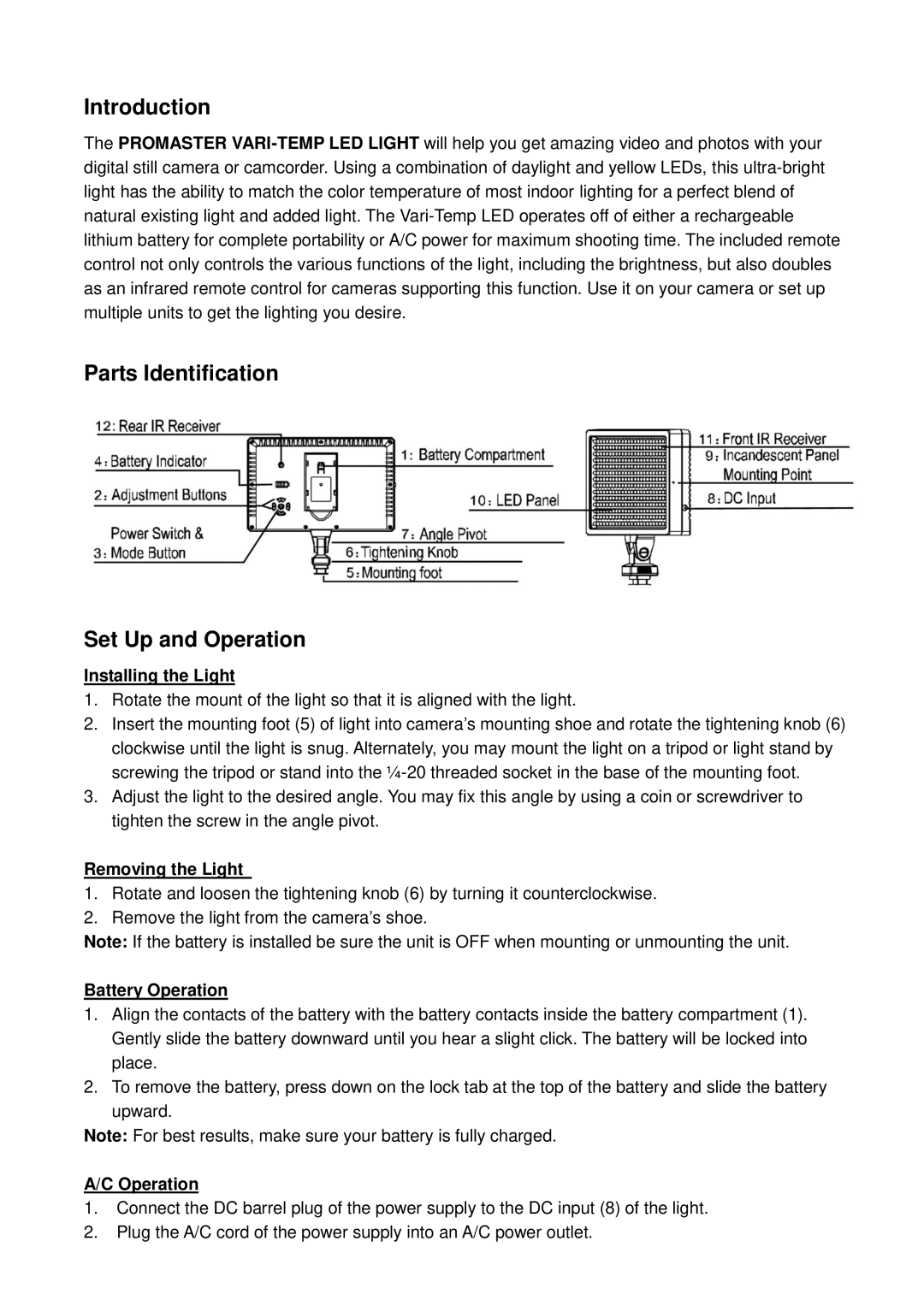 ProMaster 2437 manual Introduction, Parts Identification Set Up and Operation 