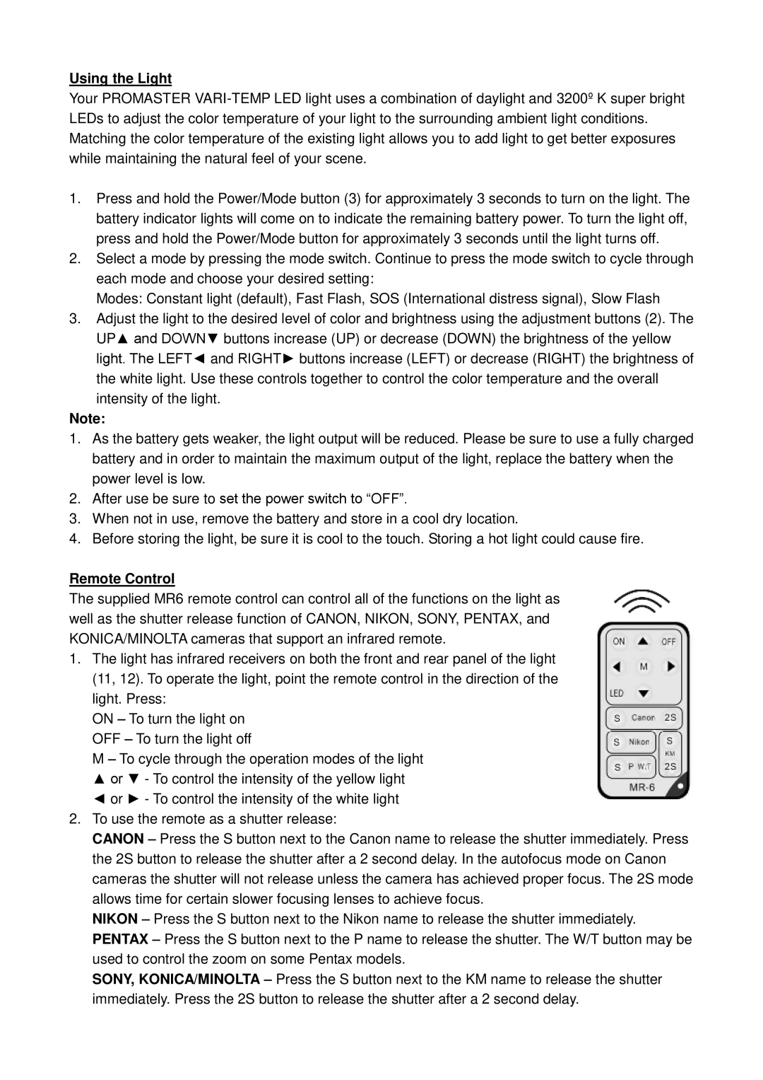 ProMaster 2437 manual Using the Light, Remote Control 
