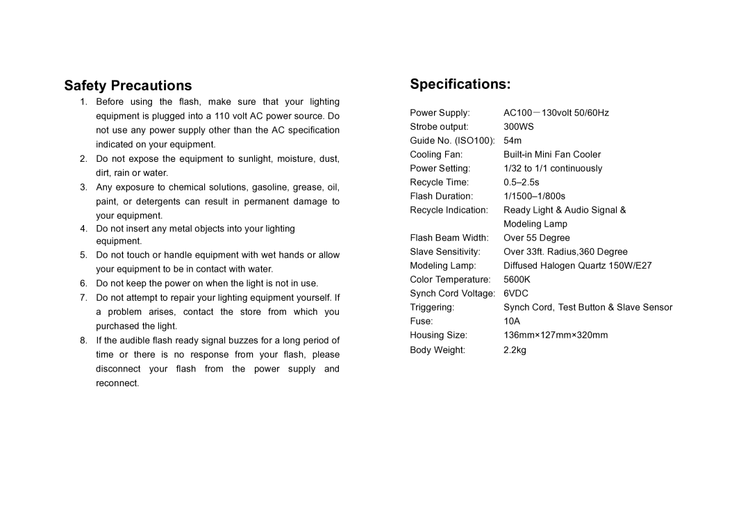 ProMaster 300C owner manual Safety Precautions, Specifications 