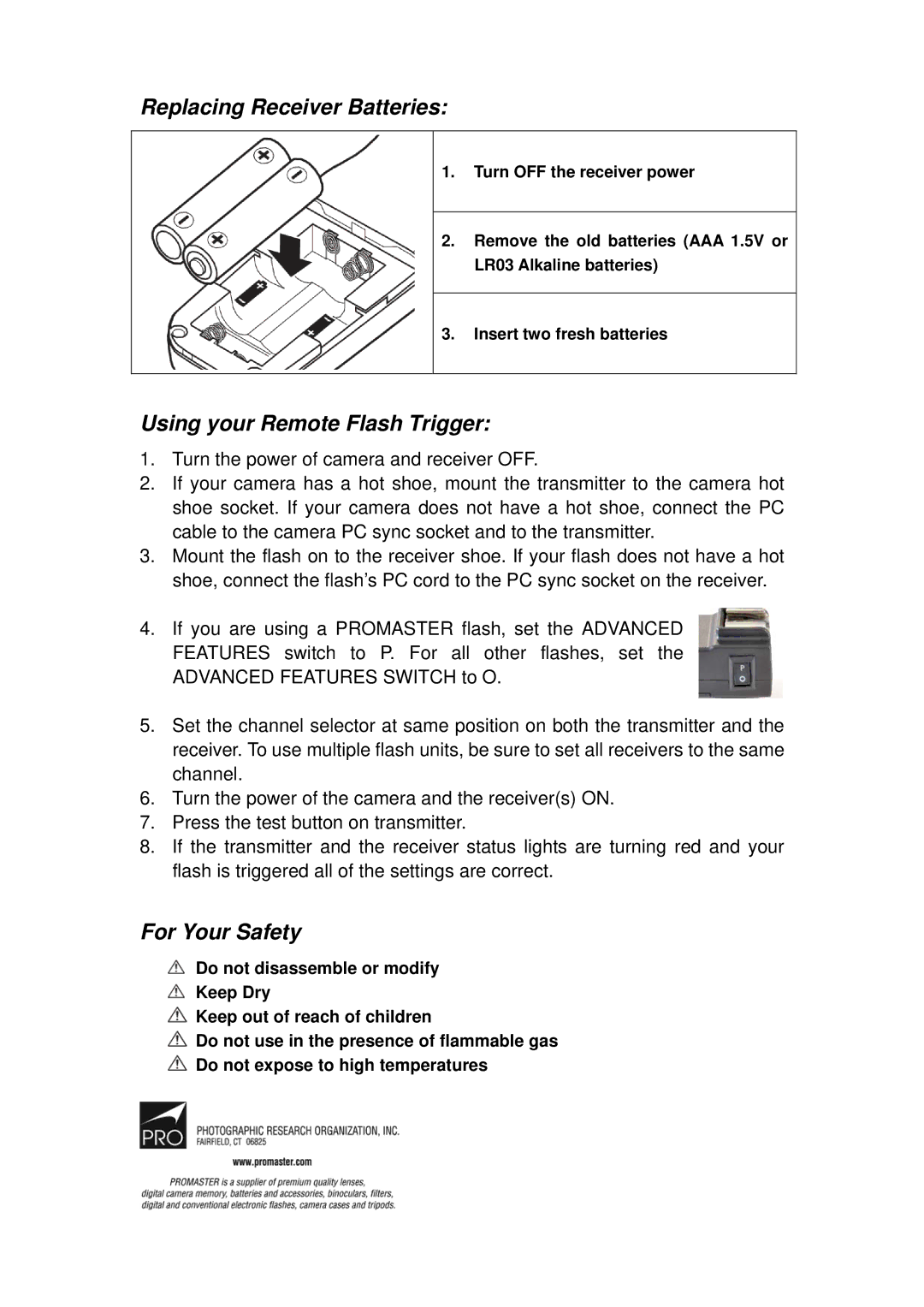 ProMaster 5734, 5741 manual Replacing Receiver Batteries, Using your Remote Flash Trigger, For Your Safety 