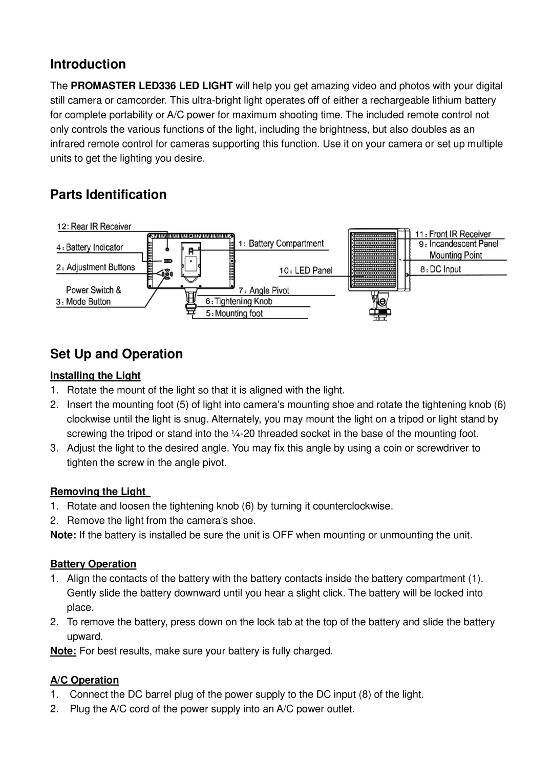 ProMaster 6042 manual Introduction, Parts Identification Set Up and Operation 