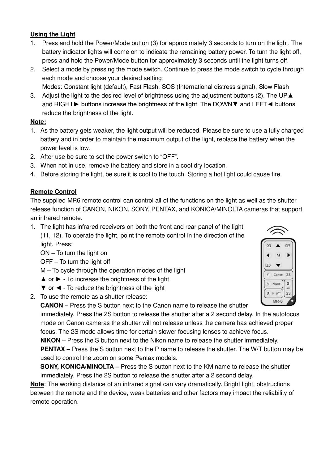 ProMaster 6042 manual Using the Light, Remote Control 