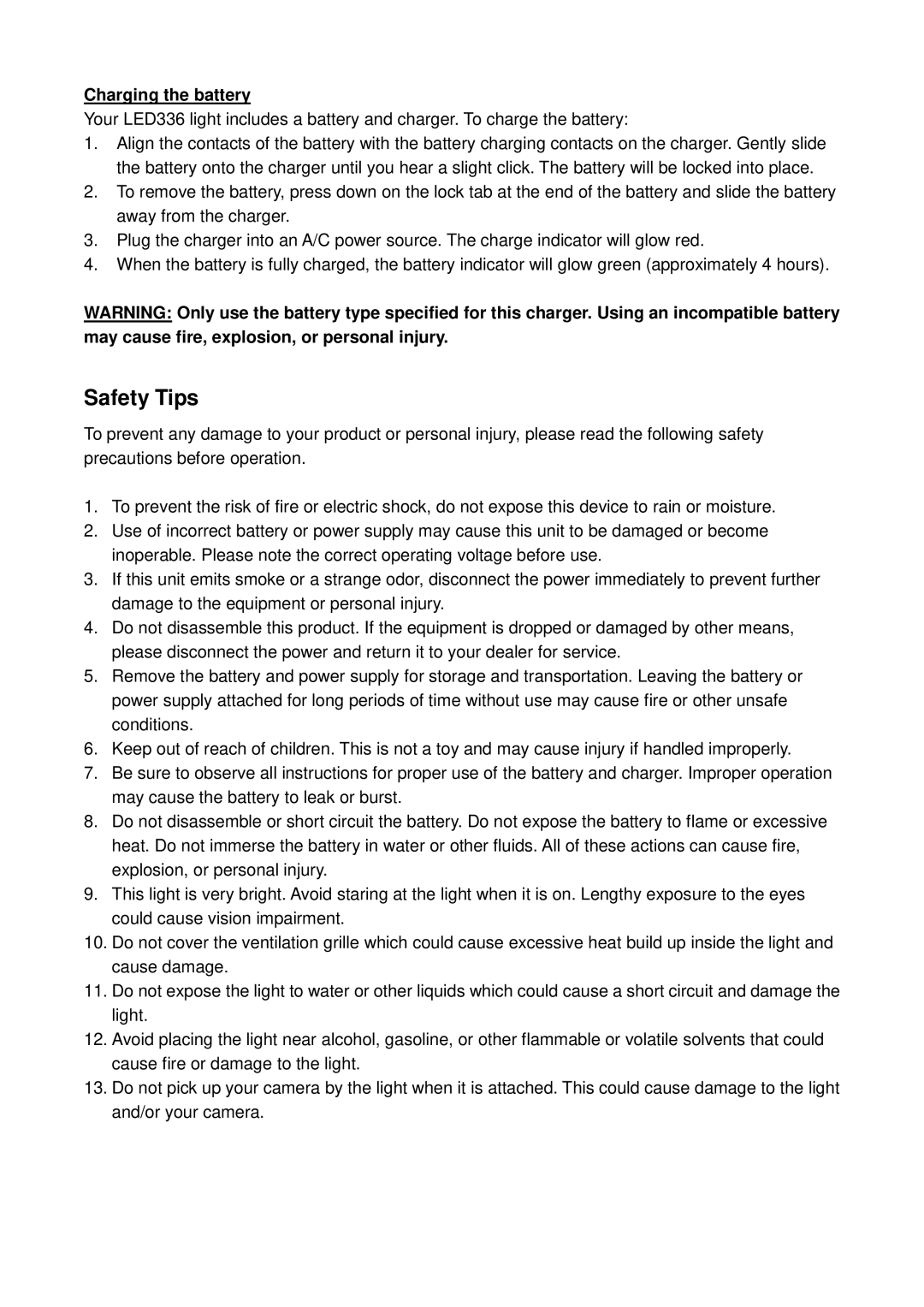 ProMaster 6042 manual Safety Tips, Charging the battery 