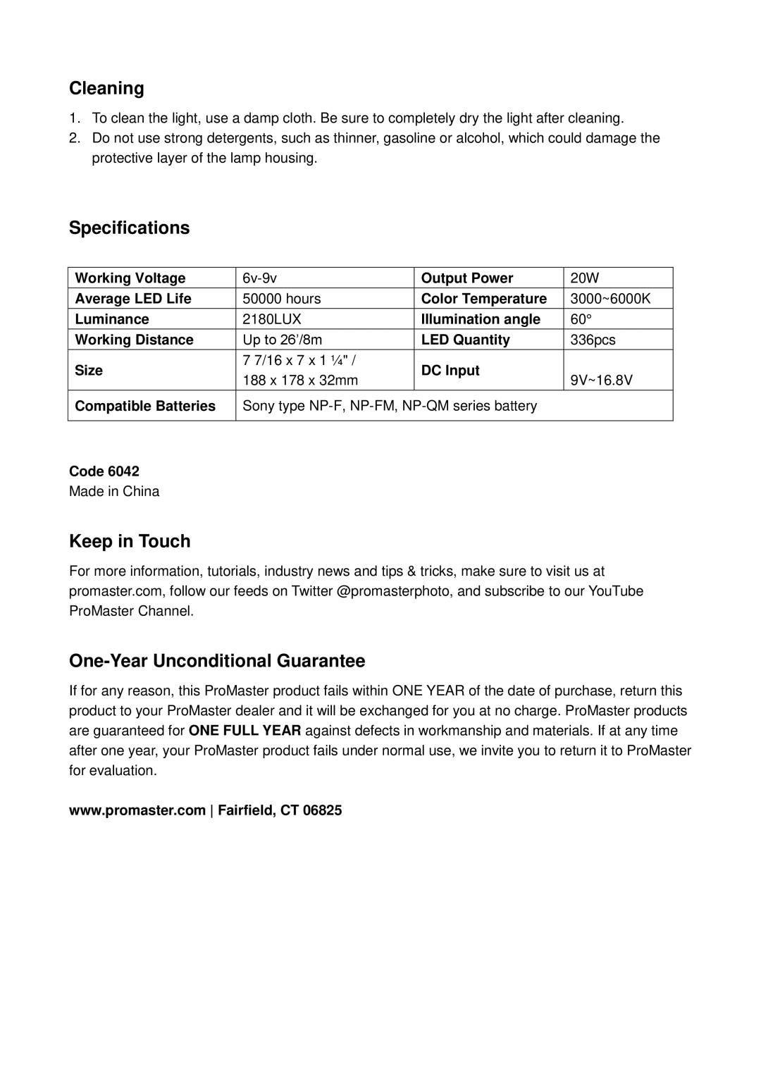 ProMaster 6042 manual Cleaning, Specifications, Keep in Touch, One-Year Unconditional Guarantee 