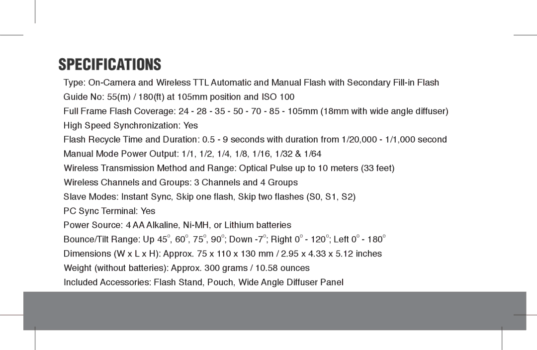 ProMaster FL1 Pro (Canon), FL1 Pro (Nikon), FL1 Pro (Sony) instruction manual Specifications 