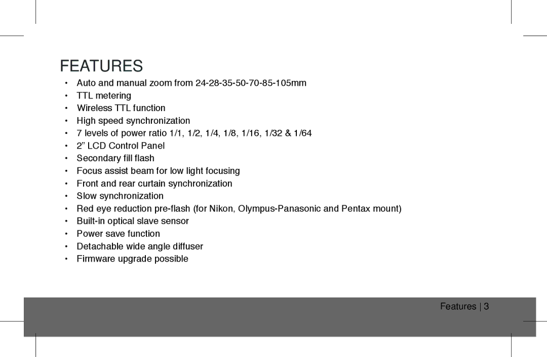 ProMaster FL1 Pro (Sony), FL1 Pro (Nikon), FL1 Pro (Canon) instruction manual Features 