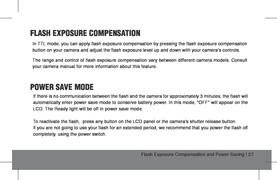 ProMaster FL1 Pro (Sony), FL1 Pro (Nikon), FL1 Pro (Canon) instruction manual Flash Exposure Compensation, Power Save Mode 
