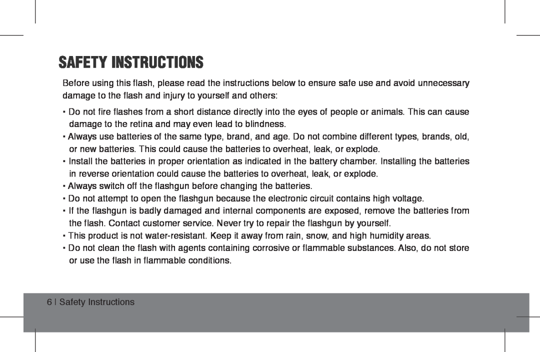 ProMaster FL1 Pro (Sony), FL1 Pro (Nikon), FL1 Pro (Canon) instruction manual Safety Instructions 