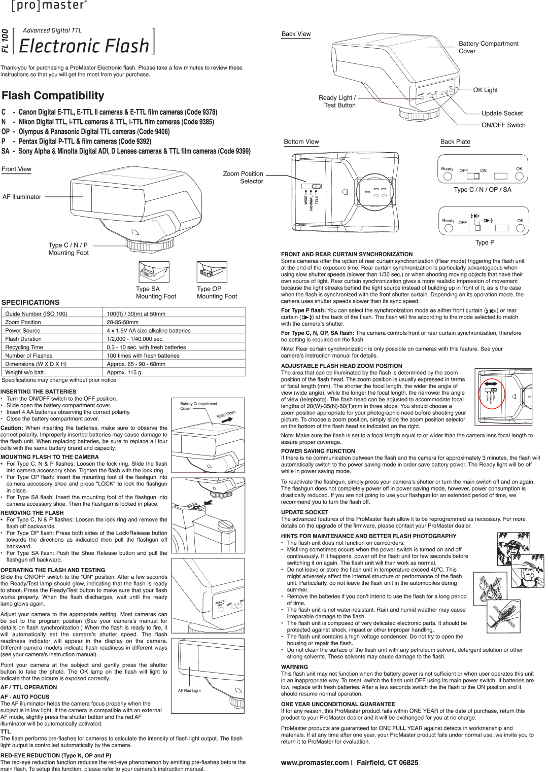 ProMaster FL100 (Nikon), FL100 (Canon) manual 