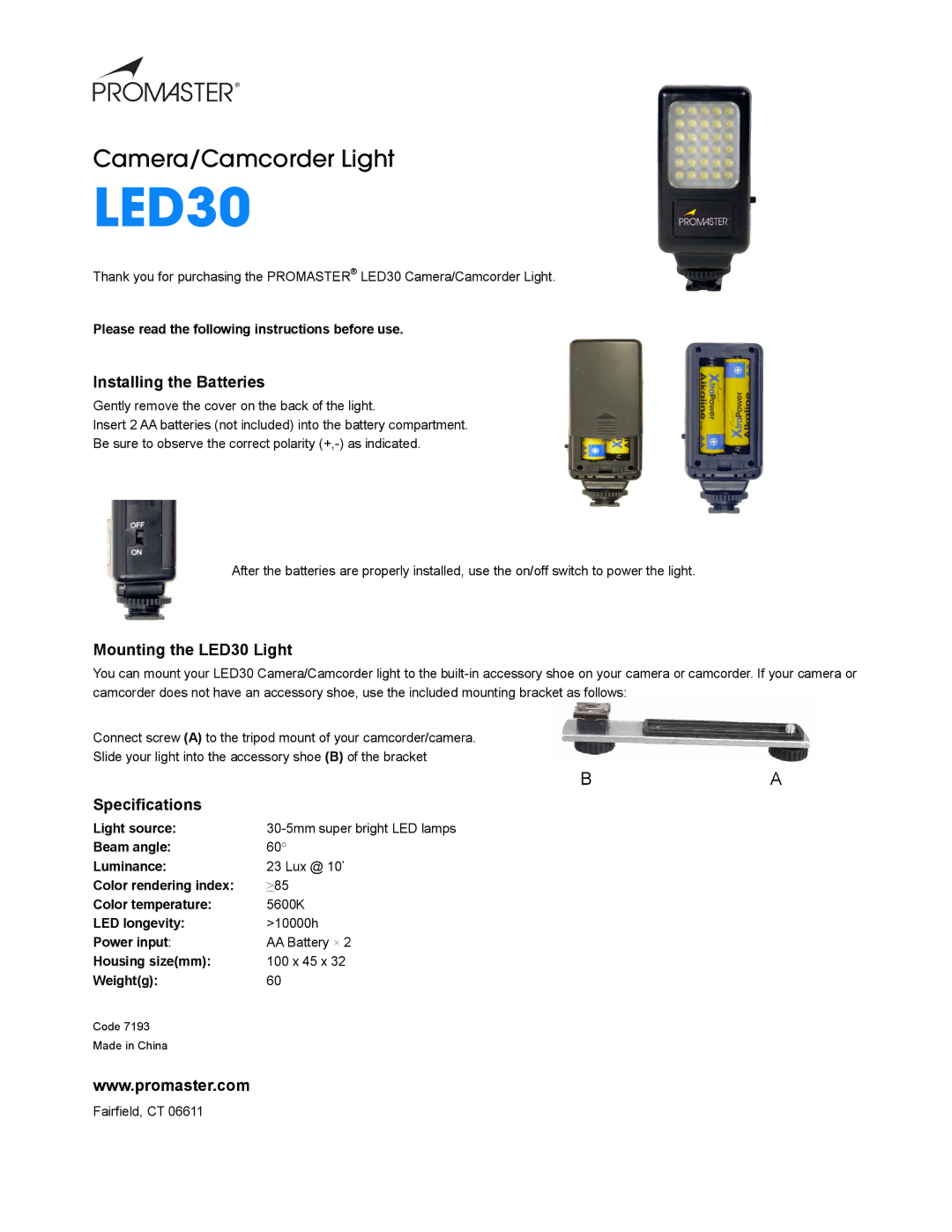 ProMaster specifications Installing the Batteries, Mounting the LED30 Light, Specifications 