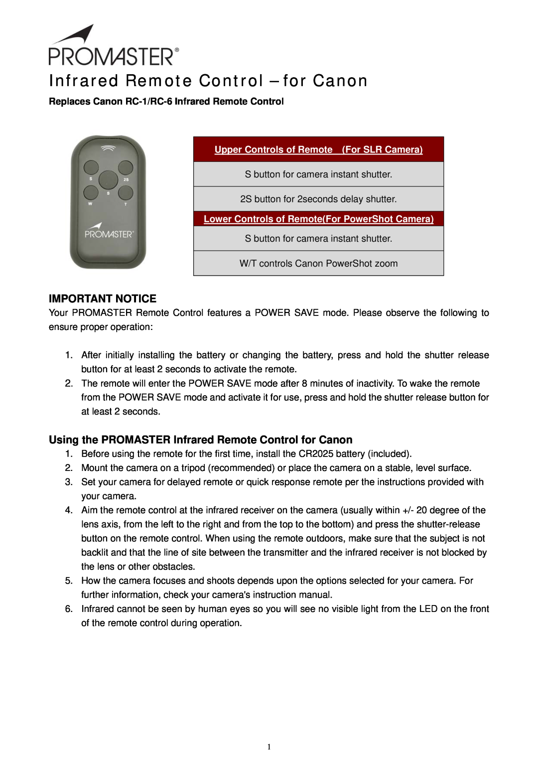ProMaster Mic1 instruction manual Important Notice, Using the PROMASTER Infrared Remote Control for Canon 