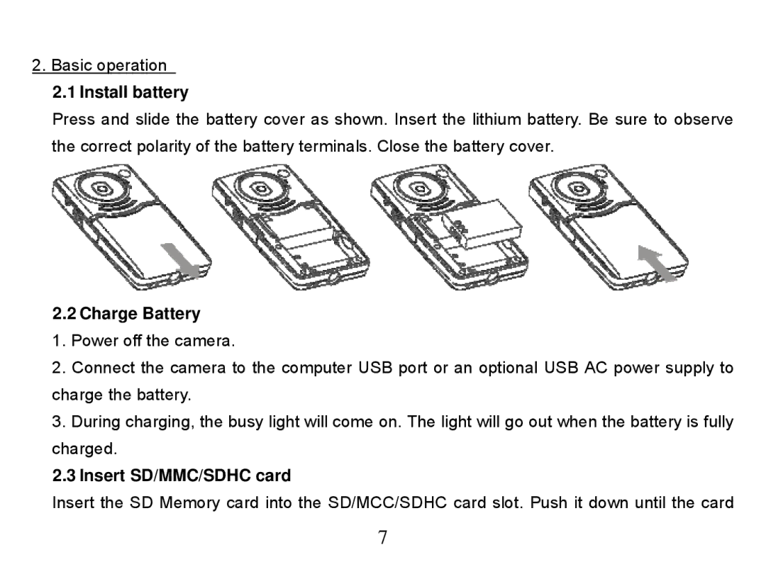 ProMaster MyMuvi Movie Machine instruction manual Install battery, Charge Battery, Insert SD/MMC/SDHC card 