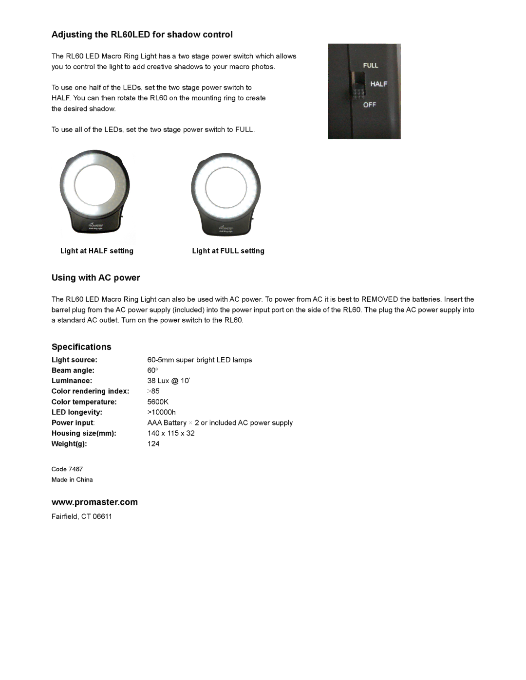 ProMaster manual Adjusting the RL60LED for shadow control, Using with AC power, Specifications 