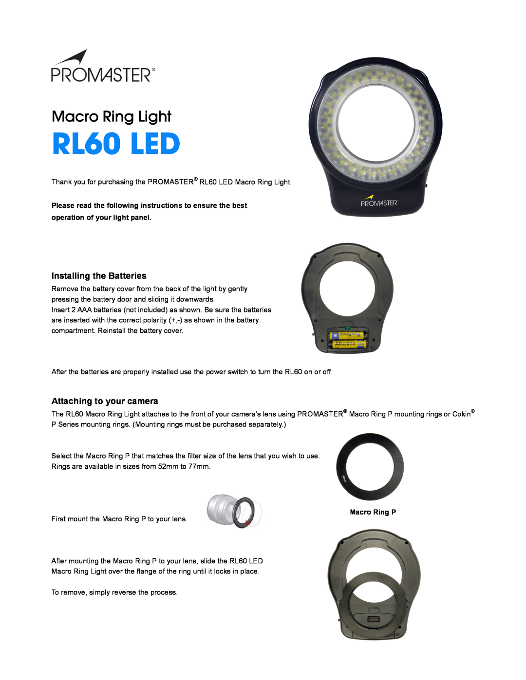 ProMaster manual Installing the Batteries, Attaching to your camera, RL60 LED, Macro Ring Light 