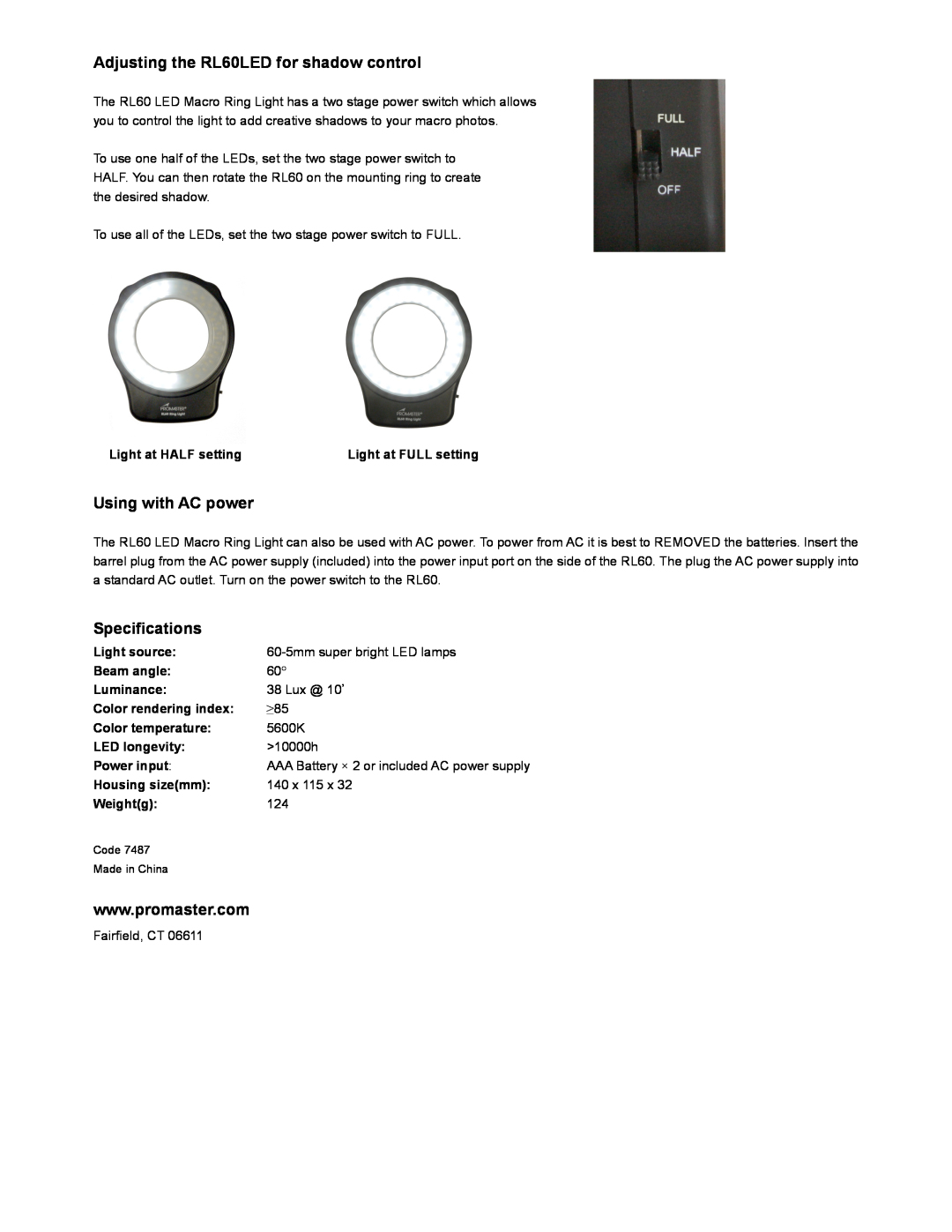 ProMaster manual Adjusting the RL60LED for shadow control, Using with AC power, Specifications 