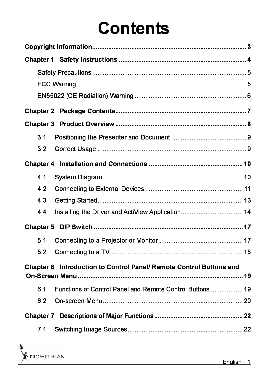 Promethean 322 user manual Contents, Chapter 
