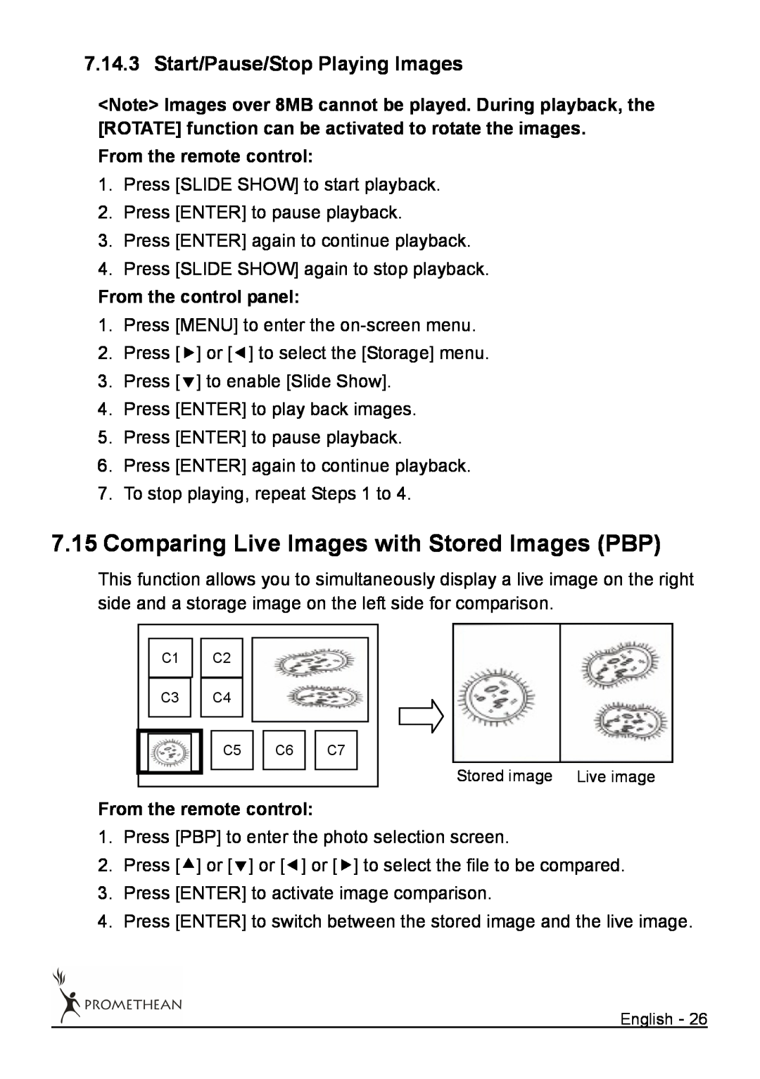 Promethean 322 7.15Comparing Live Images with Stored Images PBP, Start/Pause/Stop Playing Images, From the remote control 