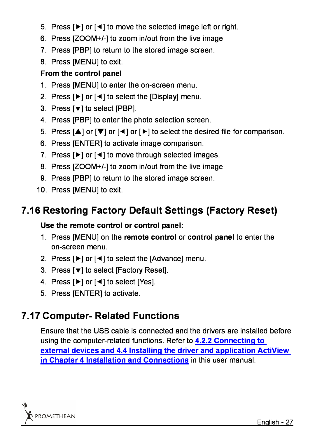 Promethean 322 user manual 7.17Computer- Related Functions, From the control panel, Use the remote control or control panel 