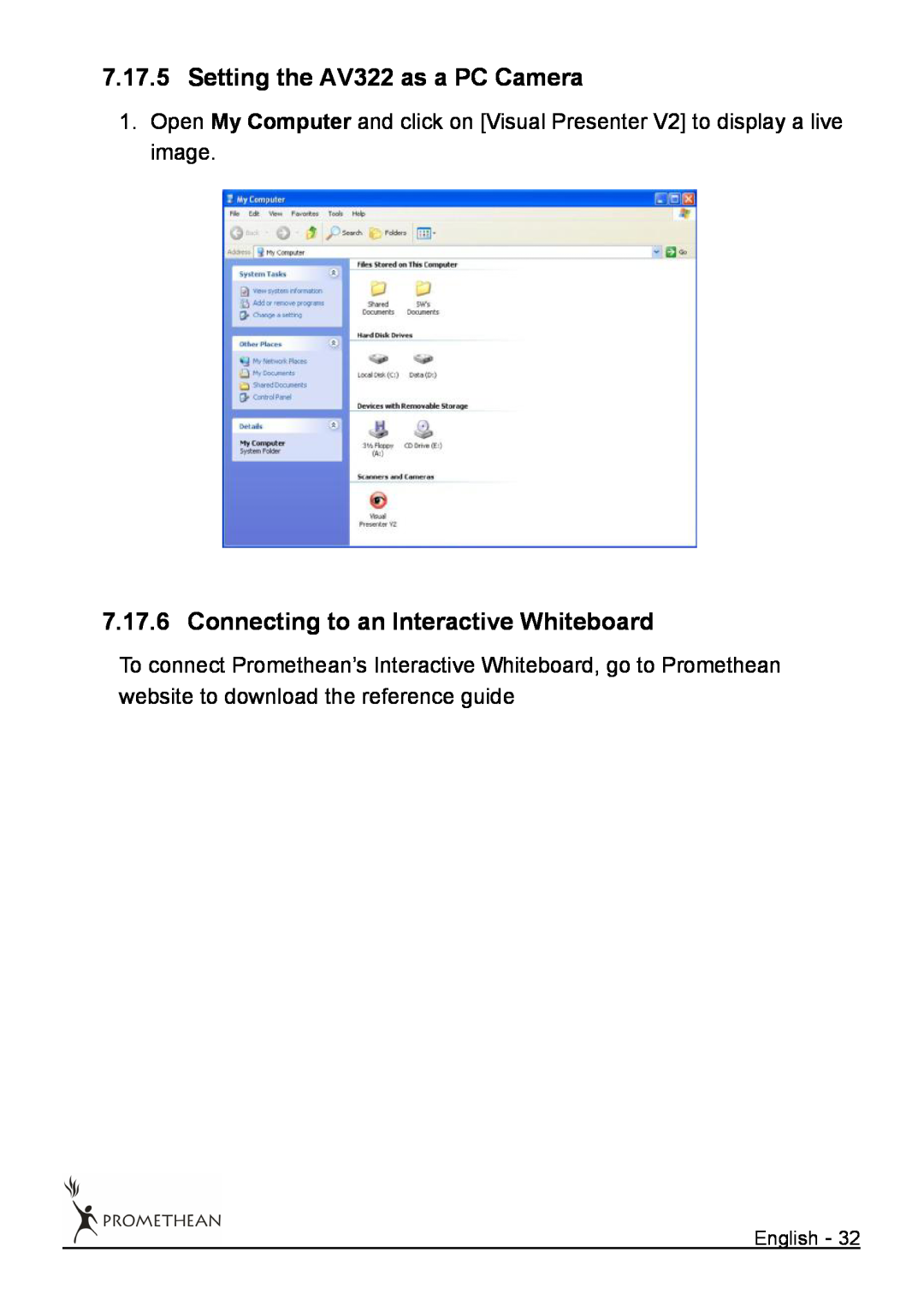 Promethean user manual Setting the AV322 as a PC Camera, Connecting to an Interactive Whiteboard 