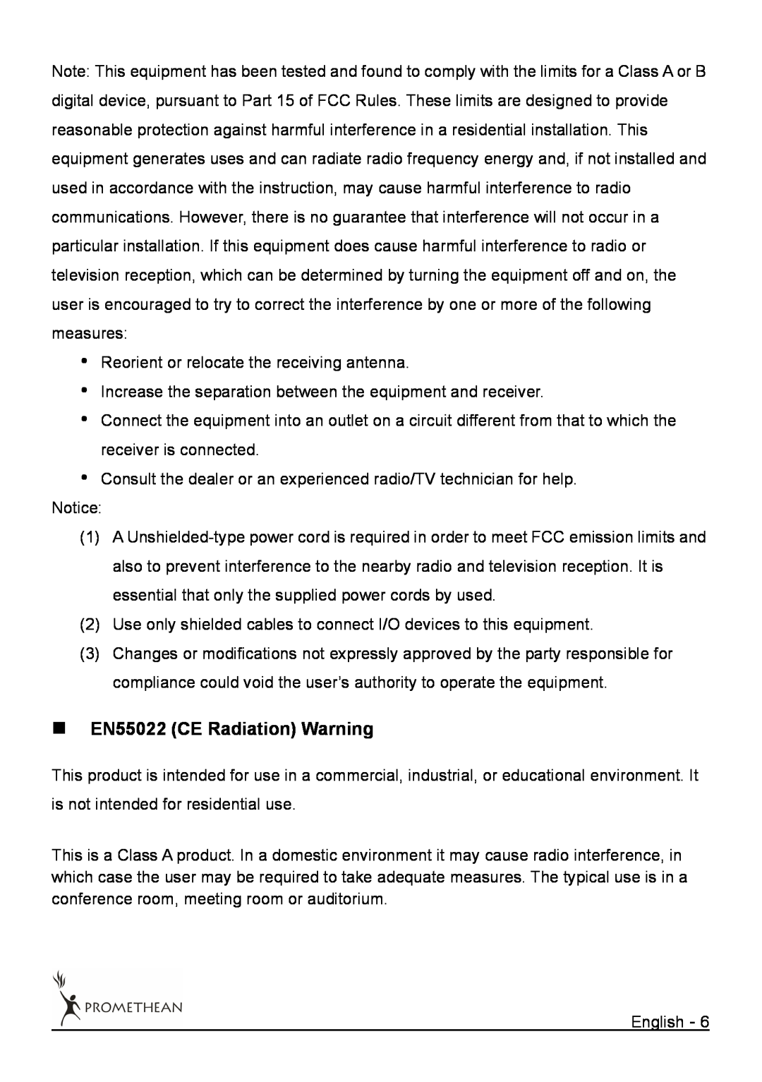 Promethean 322 user manual „EN55022 CE Radiation Warning 
