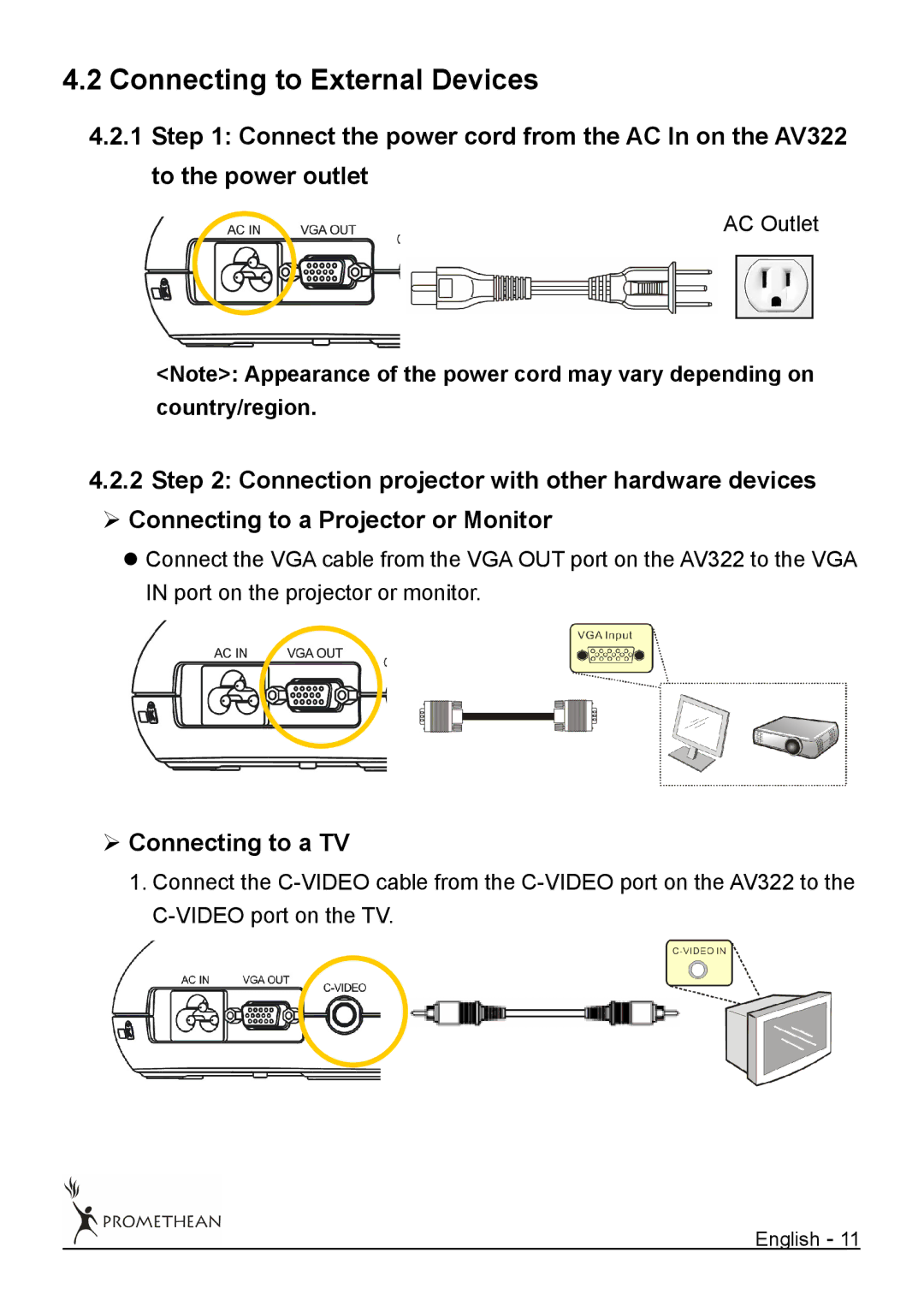 Promethean 322 user manual Connecting to External Devices, ¾ Connecting to a TV 