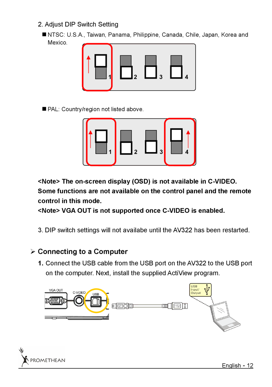 Promethean 322 user manual ¾ Connecting to a Computer, Adjust DIP Switch Setting 