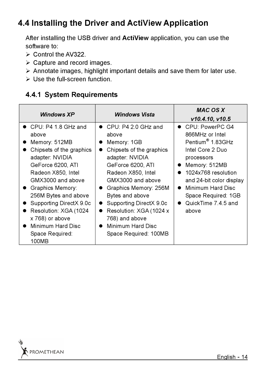 Promethean 322 user manual Installing the Driver and ActiView Application, System Requirements 