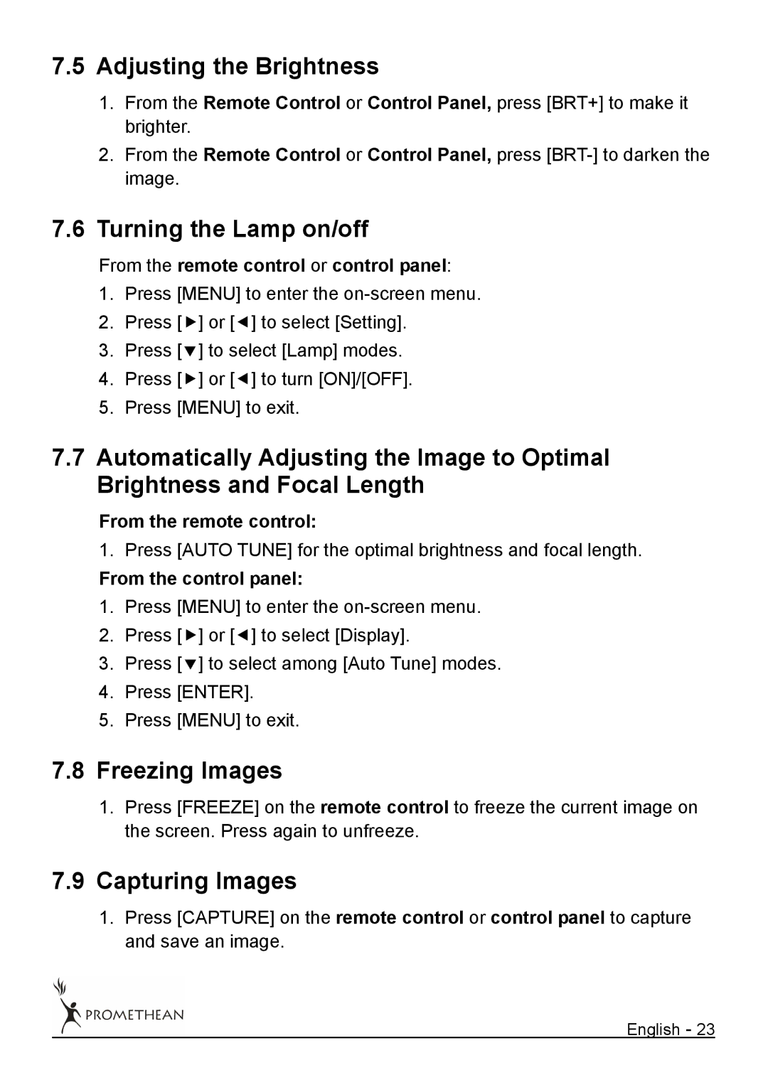 Promethean 322 user manual Adjusting the Brightness, Turning the Lamp on/off, Freezing Images, Capturing Images 