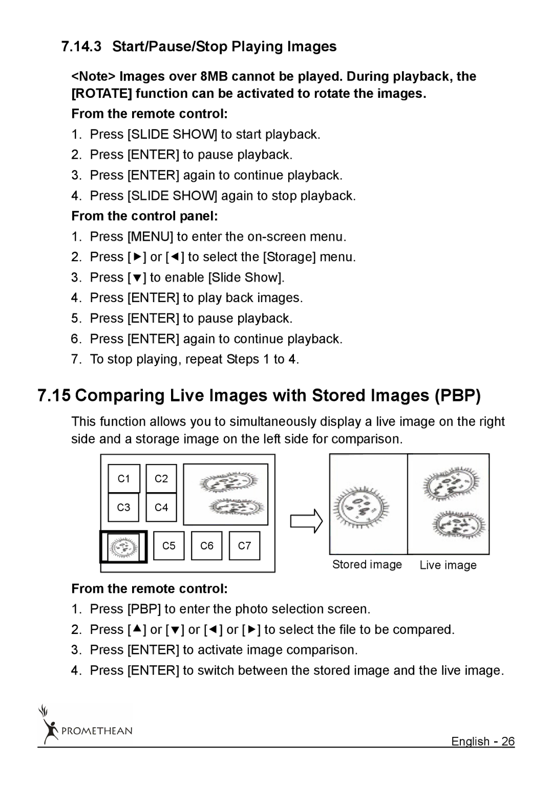 Promethean 322 user manual Comparing Live Images with Stored Images PBP, Start/Pause/Stop Playing Images 