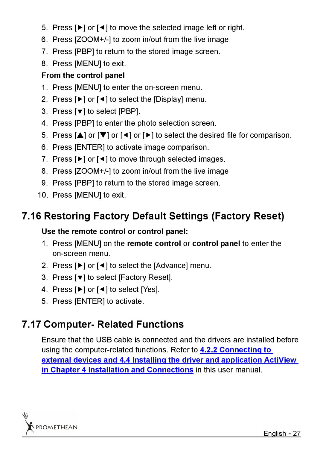 Promethean 322 user manual Restoring Factory Default Settings Factory Reset, Computer- Related Functions 