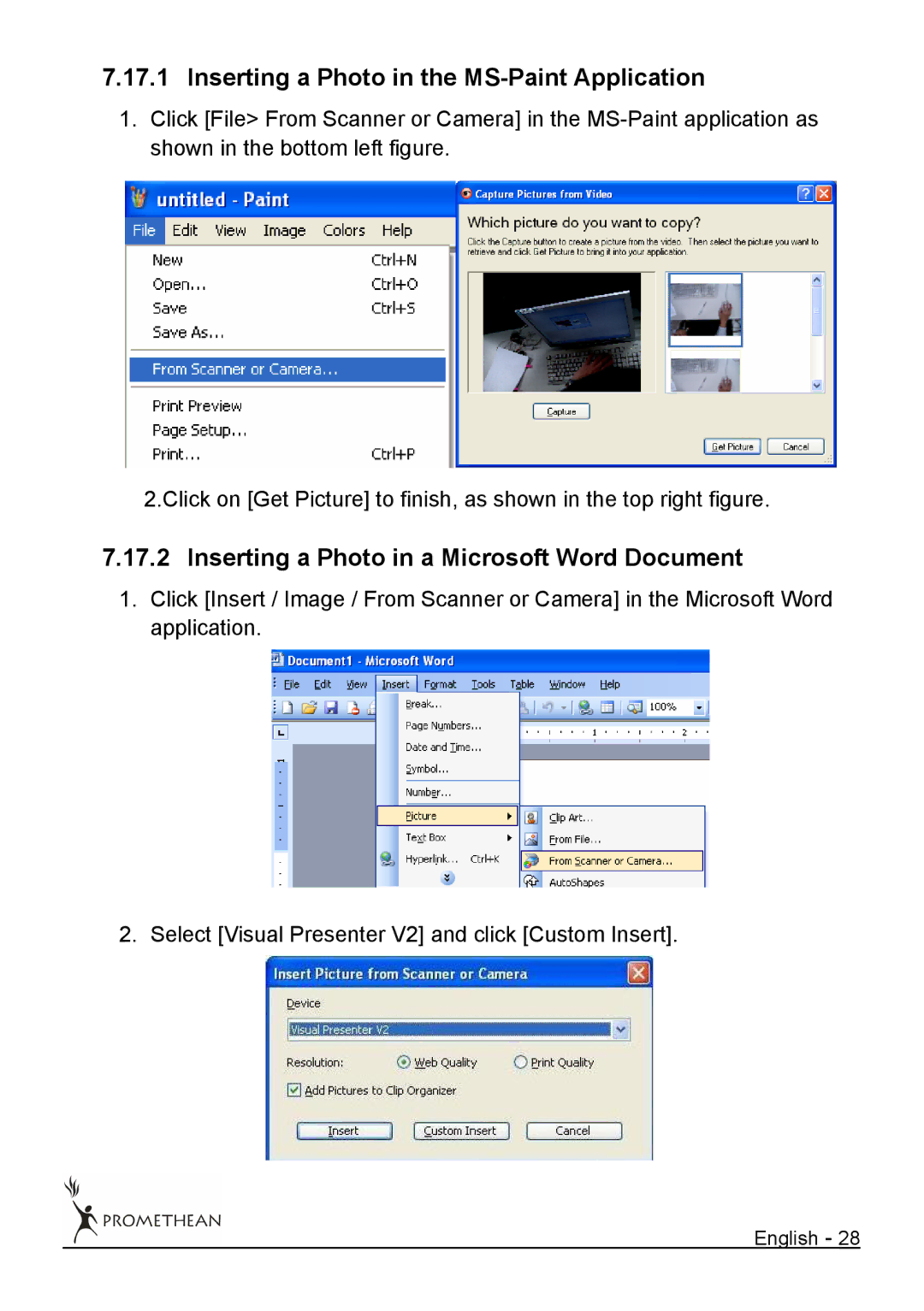 Promethean 322 user manual Inserting a Photo in the MS-Paint Application, Inserting a Photo in a Microsoft Word Document 