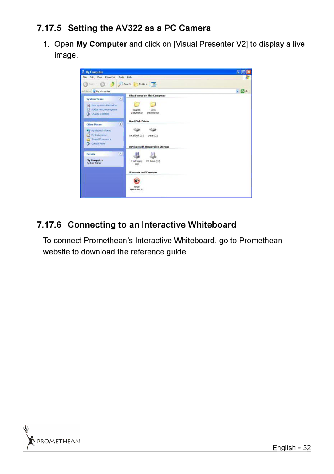 Promethean user manual Setting the AV322 as a PC Camera, Connecting to an Interactive Whiteboard 