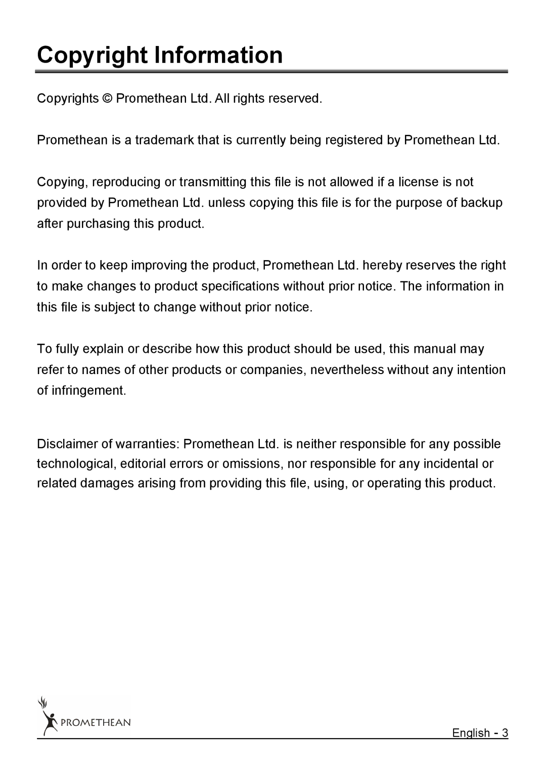 Promethean 322 user manual Copyright Information 