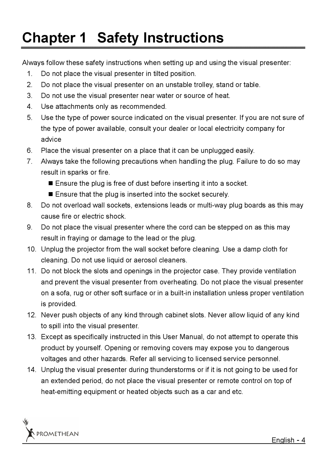 Promethean 322 user manual Safety Instructions 