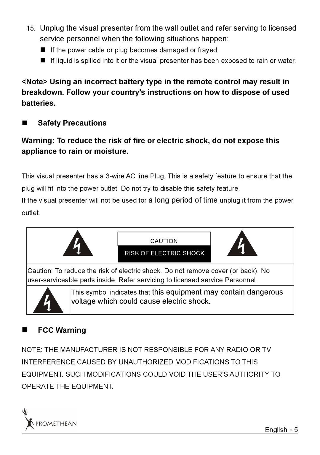 Promethean 322 user manual „ Safety Precautions, „ FCC Warning 