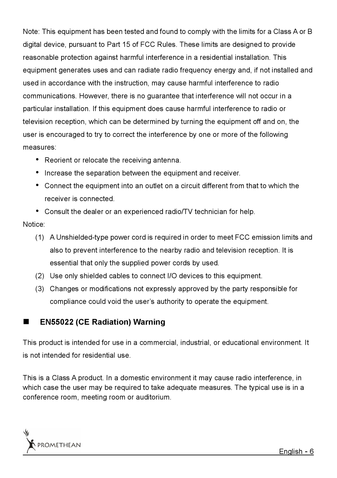 Promethean 322 user manual „ EN55022 CE Radiation Warning 