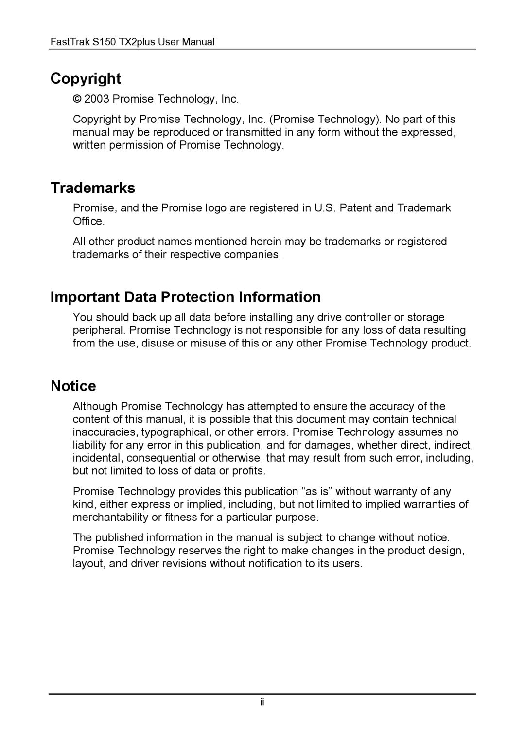 Promise Technology 150TX2 user manual Copyright, Trademarks, Important Data Protection Information 