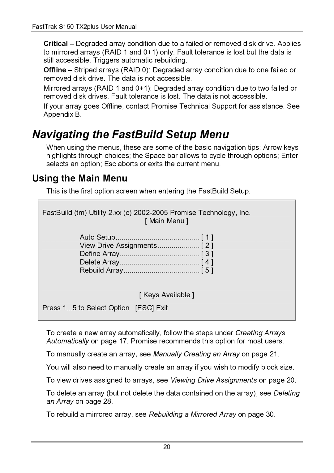 Promise Technology 150TX2 user manual Navigating the FastBuild Setup Menu, Using the Main Menu 