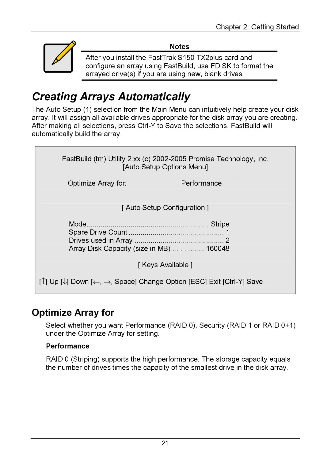 Promise Technology 150TX2 user manual Creating Arrays Automatically, Optimize Array for, Performance 