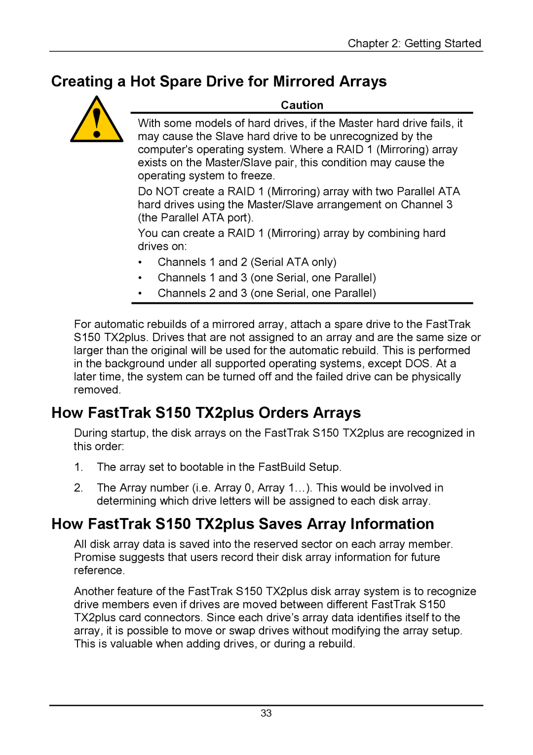 Promise Technology 150TX2 Creating a Hot Spare Drive for Mirrored Arrays, How FastTrak S150 TX2plus Orders Arrays 