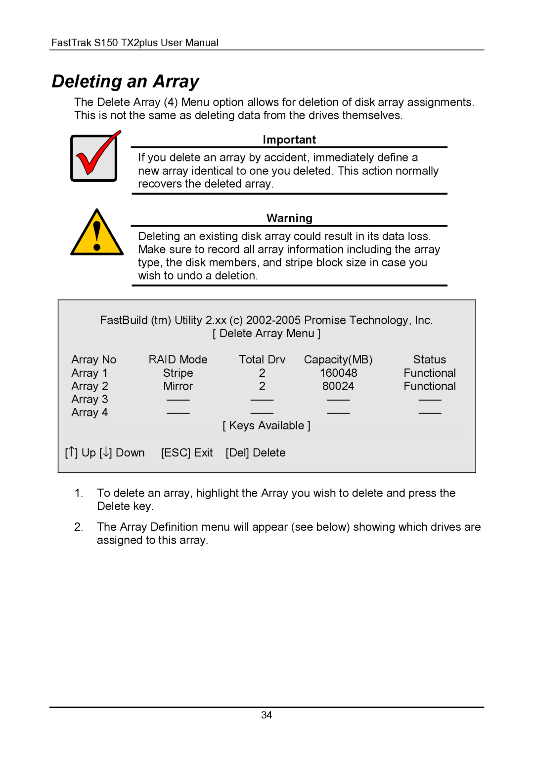 Promise Technology 150TX2 user manual Deleting an Array 