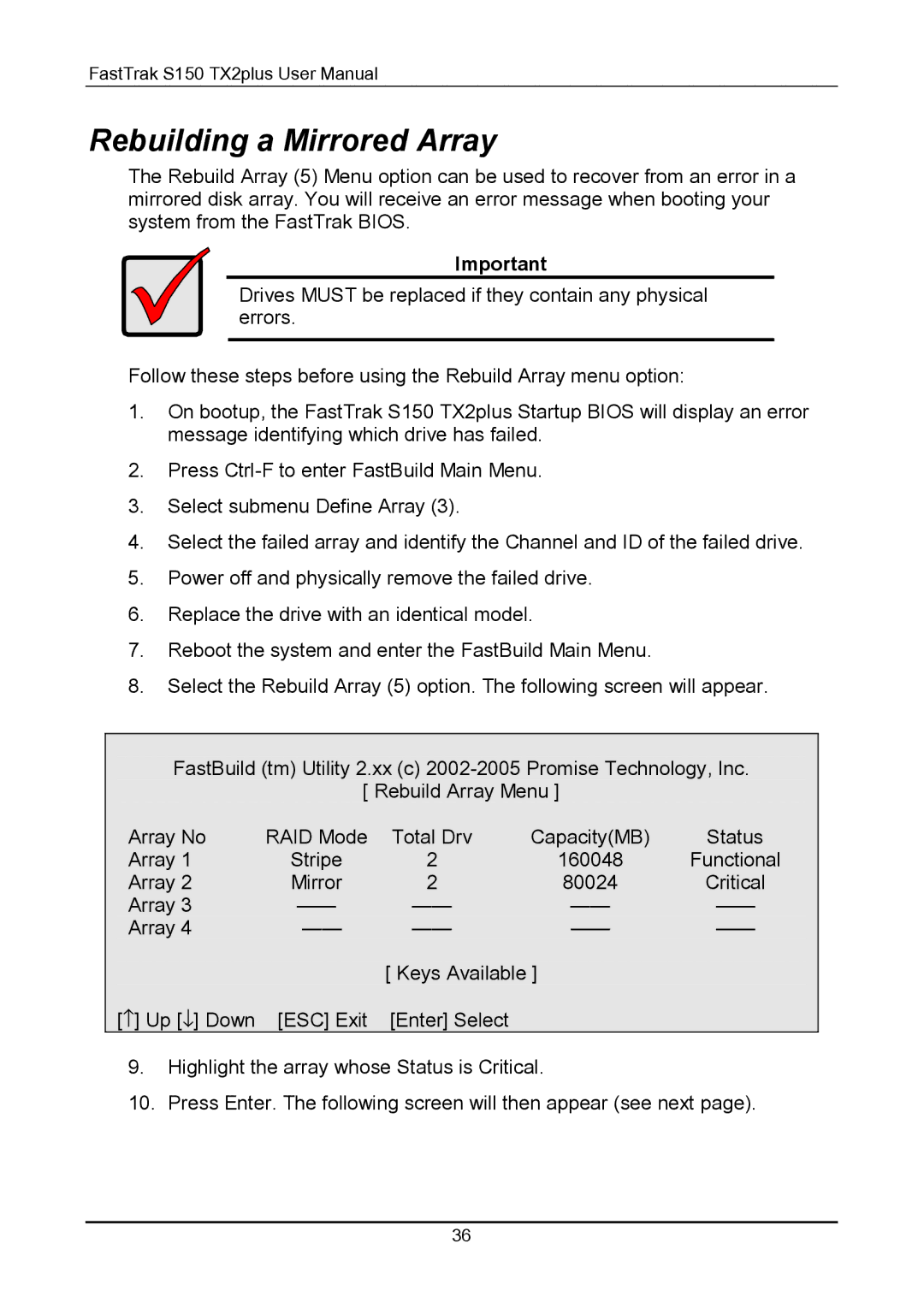 Promise Technology 150TX2 user manual Rebuilding a Mirrored Array 