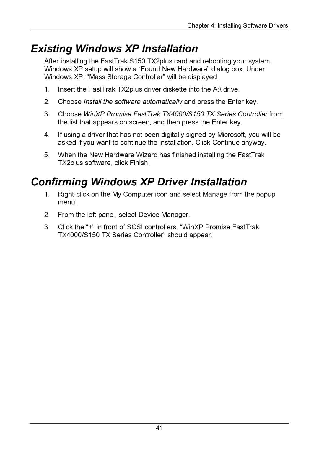 Promise Technology 150TX2 user manual Existing Windows XP Installation, Confirming Windows XP Driver Installation 