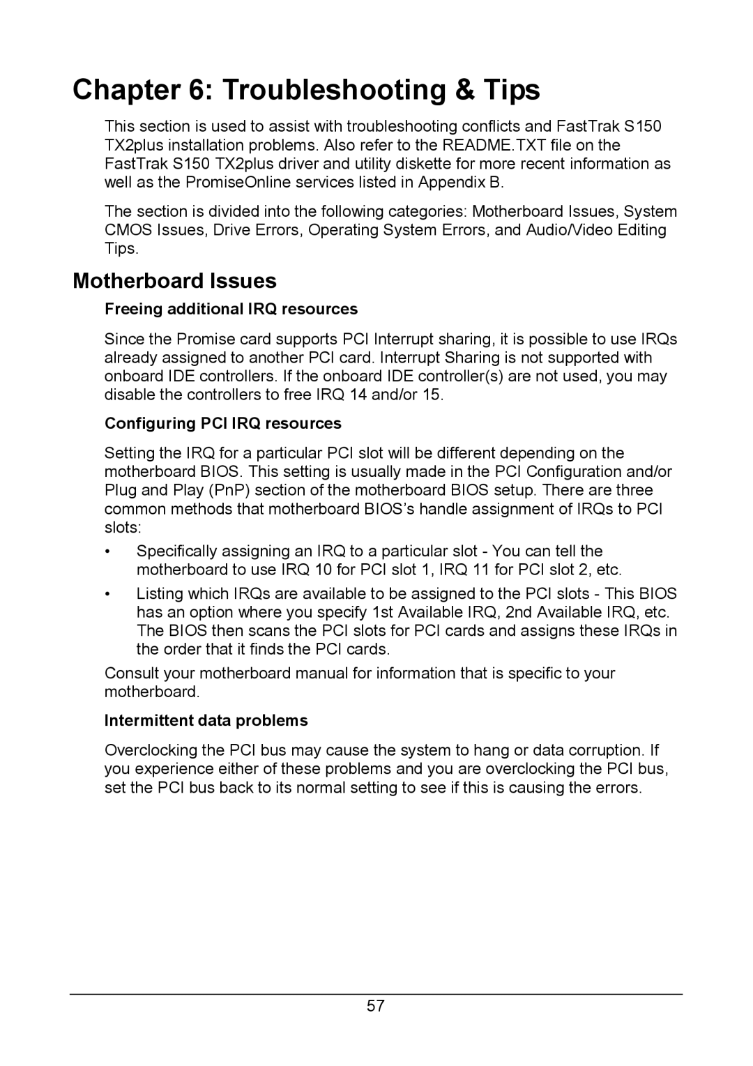 Promise Technology 150TX2 user manual Motherboard Issues, Freeing additional IRQ resources, Configuring PCI IRQ resources 