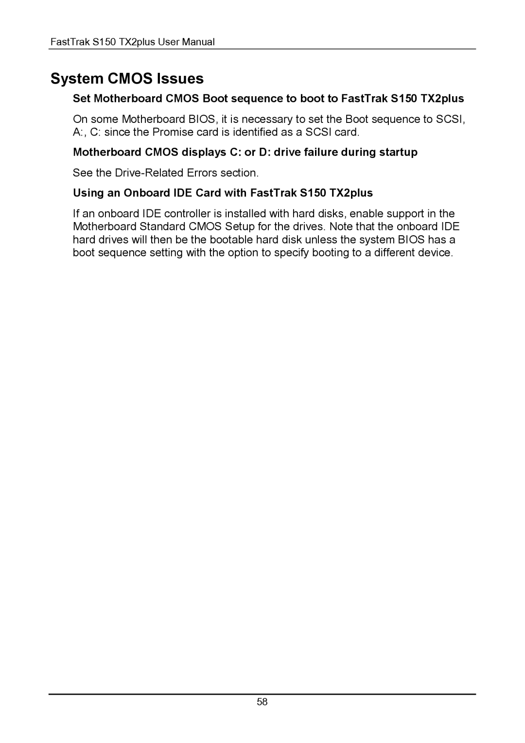 Promise Technology 150TX2 user manual System Cmos Issues, Using an Onboard IDE Card with FastTrak S150 TX2plus 