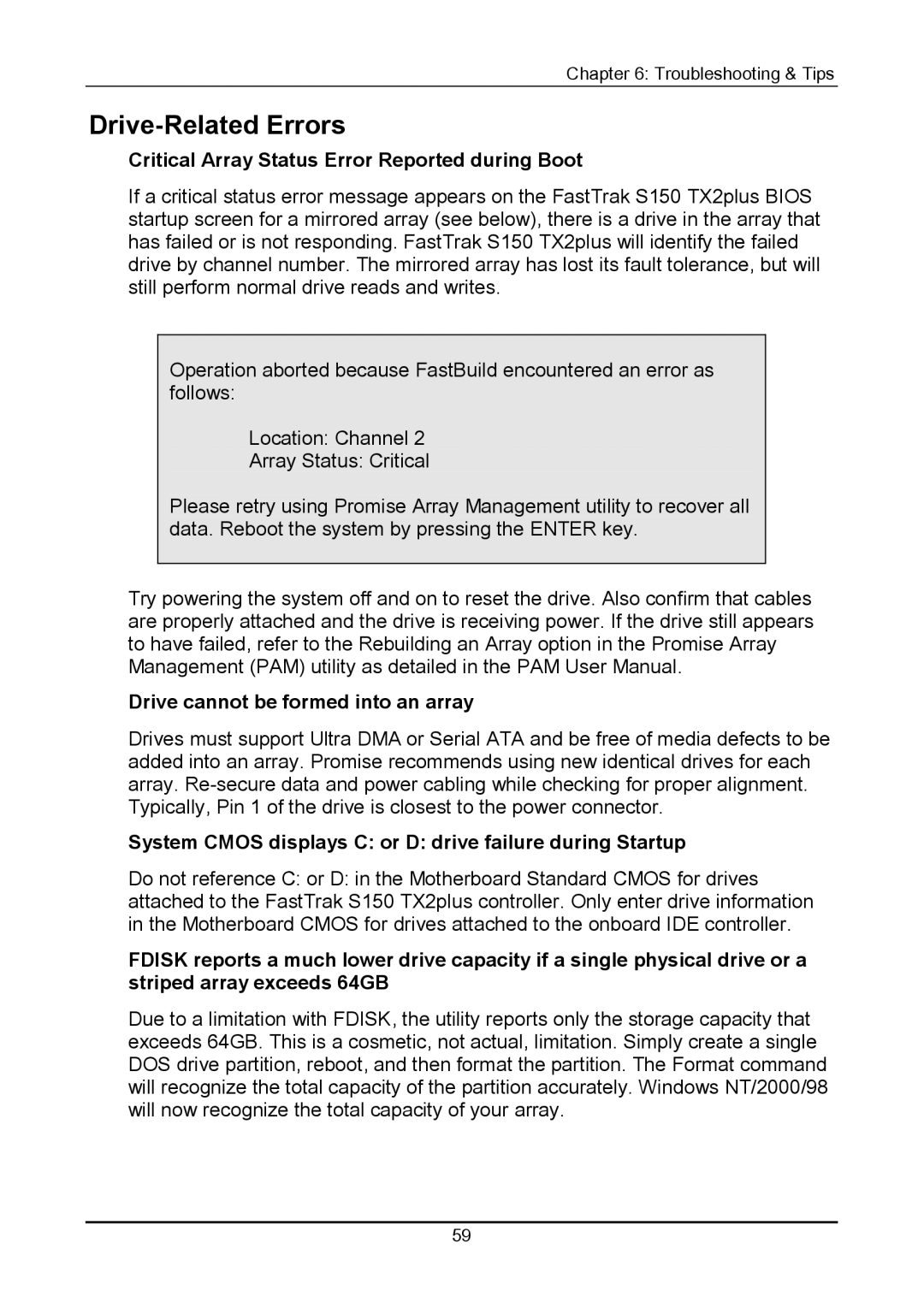 Promise Technology 150TX2 user manual Drive-Related Errors, Critical Array Status Error Reported during Boot 